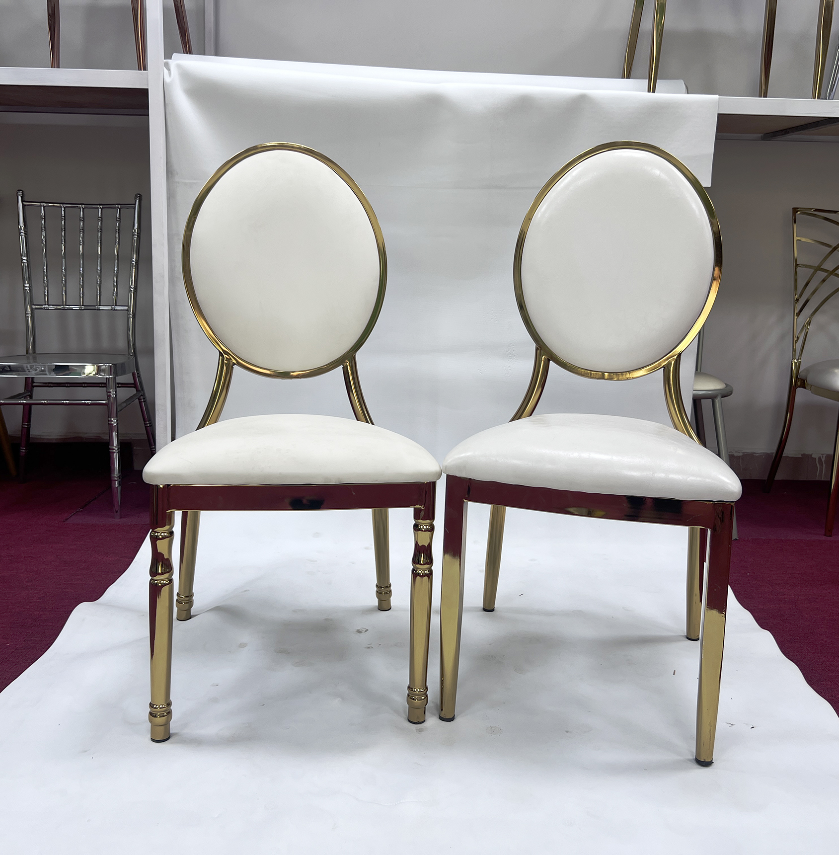 Gold plate chrome round back white pu leather upholstered wedding chairs