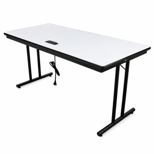 Portable charging conference table with integrated power module, folding steel legs, black laminate tabletop, commercial banquet and meeting room furniture.