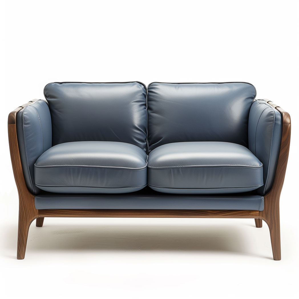 Blue Leather Lounge Sofa Chair – Imitation Wood & Aluminum Frame, Wooden Legs, 2-Seater with Armrests, 1320×700×470×900mm