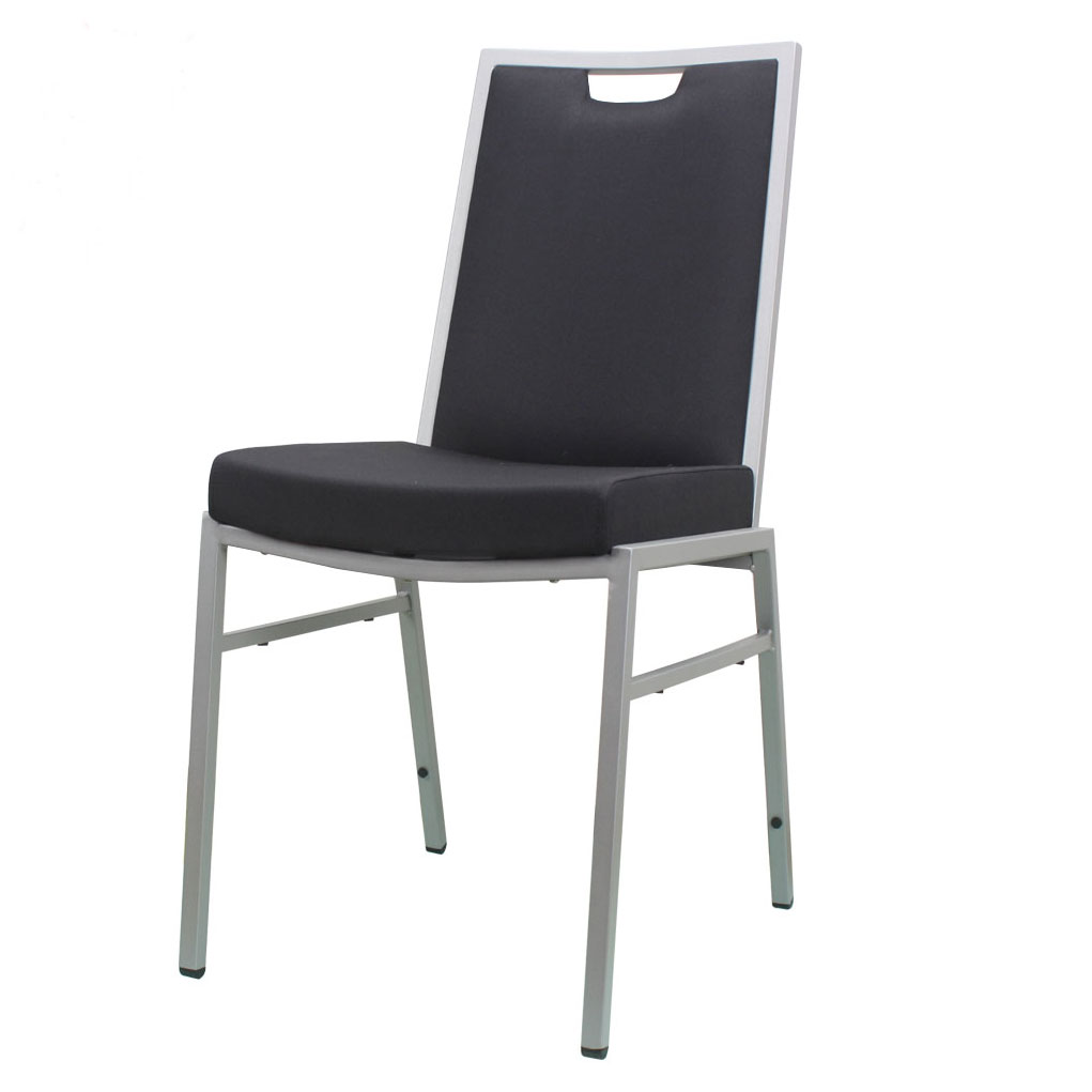 Side angle of luxury banquet chair with metal frame and padded seat
