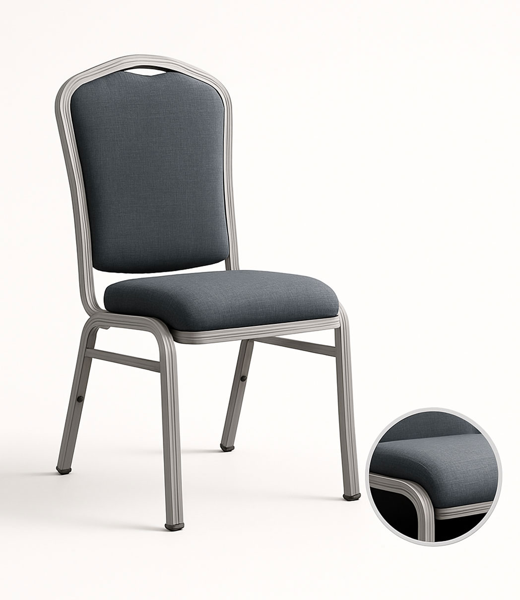 Auralis Series banquet chair with grey linen fabric and brushed aluminum frame