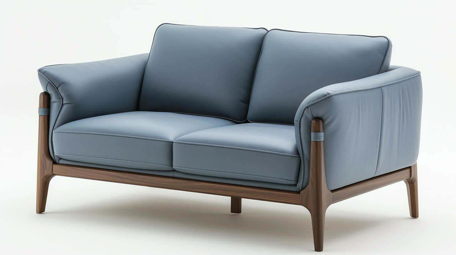 Blue Leather Lounge Sofa Chair – Imitation Wood & Aluminum Frame, Wooden Legs, 2-Seater with Armrests, 1320×700×470×900mm - Image 2