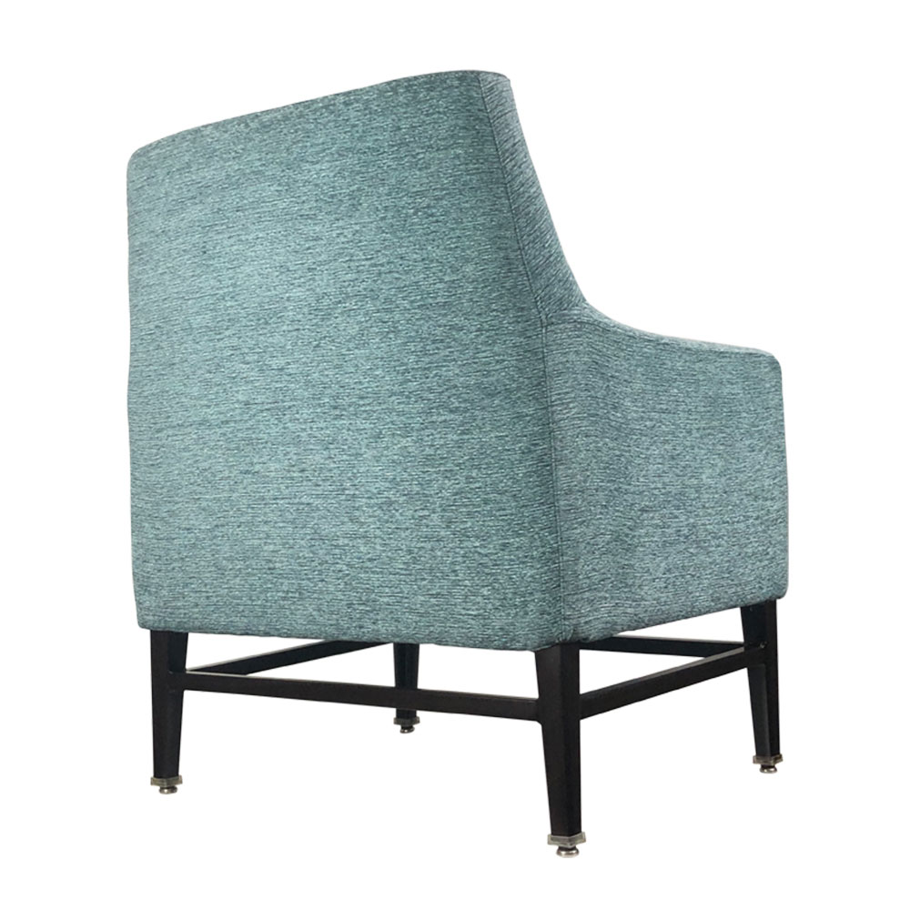 Teal fabric aluminum lounge chair with black legs in angled back view