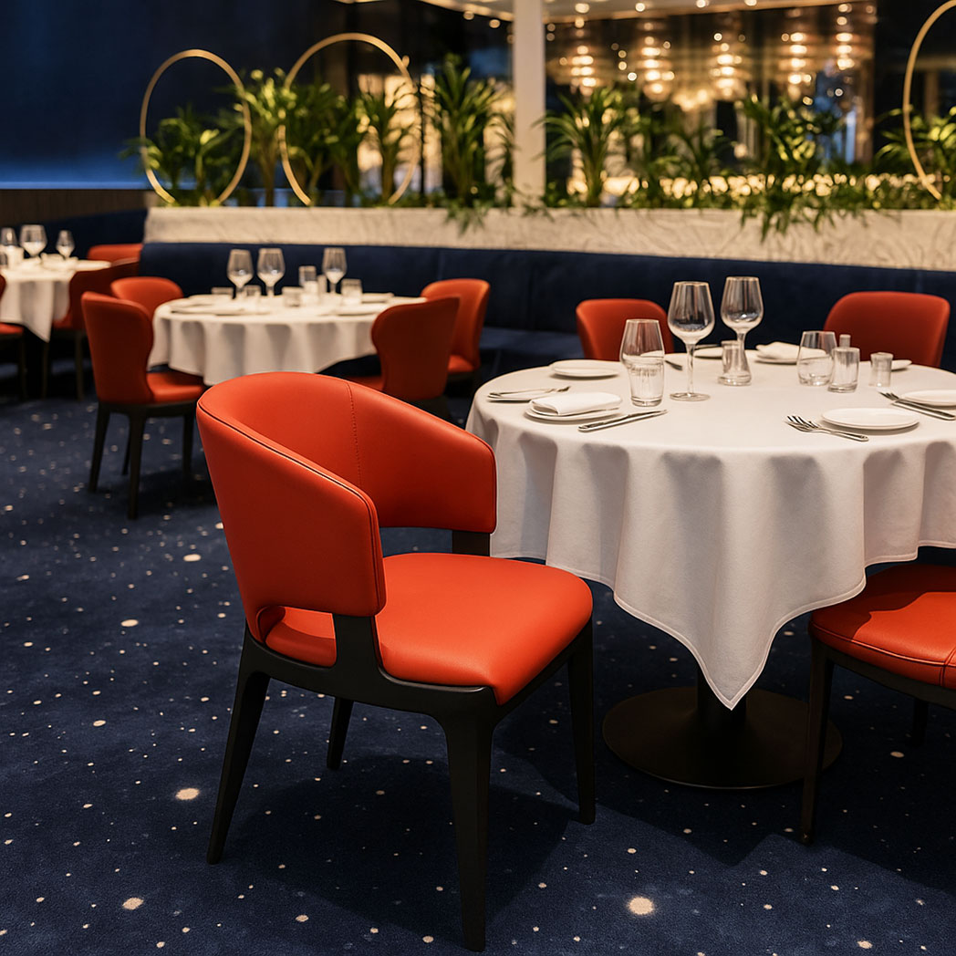 Red upholstered metal dining chairs around round white tablecloth-covered tables in a luxury restaurant setting