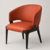 Red upholstered dining chair with curved back and black metal frame, designed for upscale restaurant seating