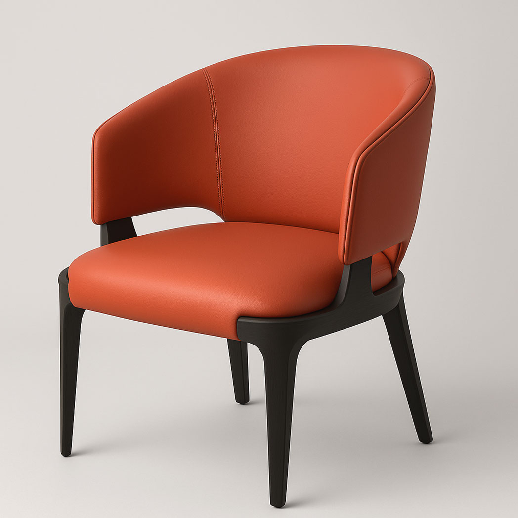 Red upholstered dining chair with curved back and black metal frame, designed for upscale restaurant seating