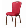 Angled view of red banquet chair with waterproof woven leather and dark bronze frame