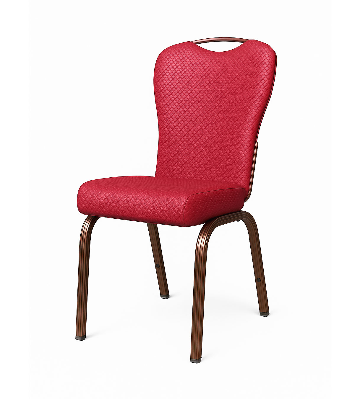 Angled view of red banquet chair with waterproof woven leather and dark bronze frame