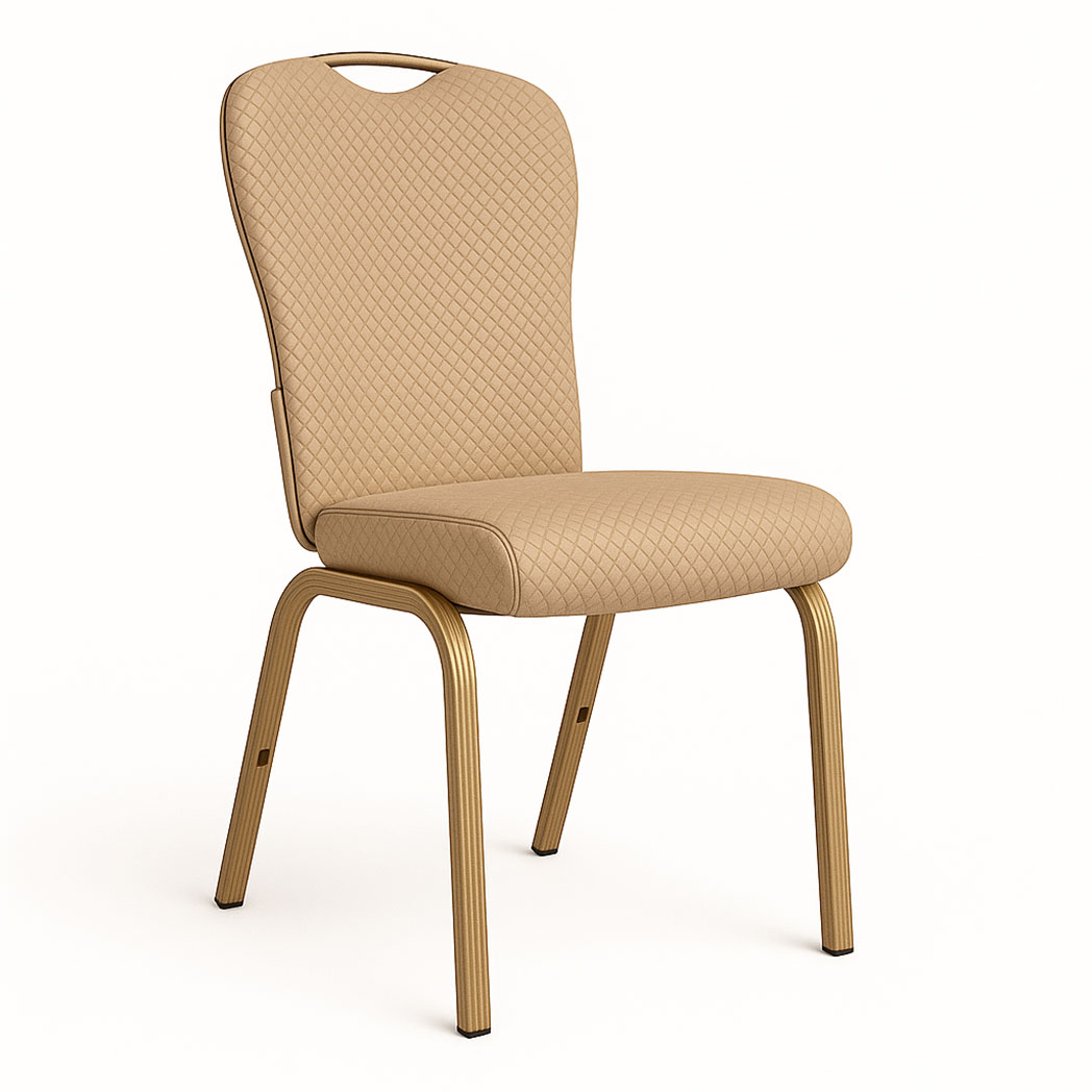Bresaro Flax-Back Banquet Chair with Waterproof Woven Tan Upholstery and Champagne Gold Frame – Front Angled View