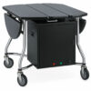 Black foldable banquet table with integrated food warmer cabinet and stainless steel frame on caster wheels for hotel and catering use