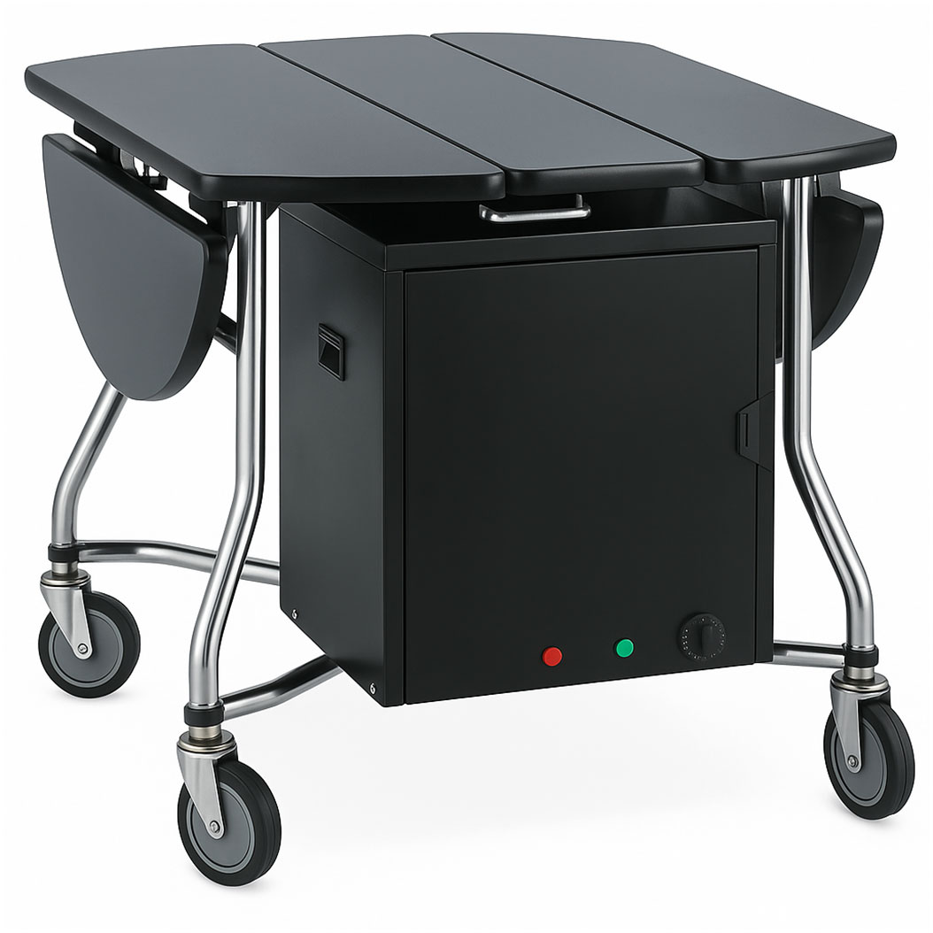 Black foldable banquet table with integrated food warmer cabinet and stainless steel frame on caster wheels for hotel and catering use
