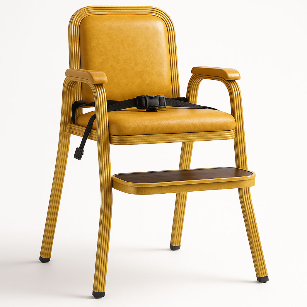 Stackable hotel baby high chair in yellow PU leather with side arms and safety strap