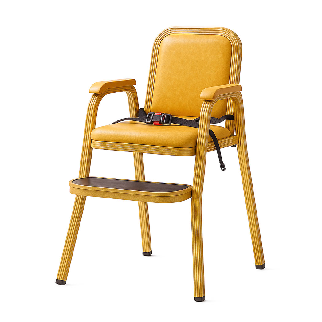 Yellow upholstered hotel baby dining chair with footrest and safety strap