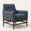 Front view of aluminum lounge chair with blue upholstery