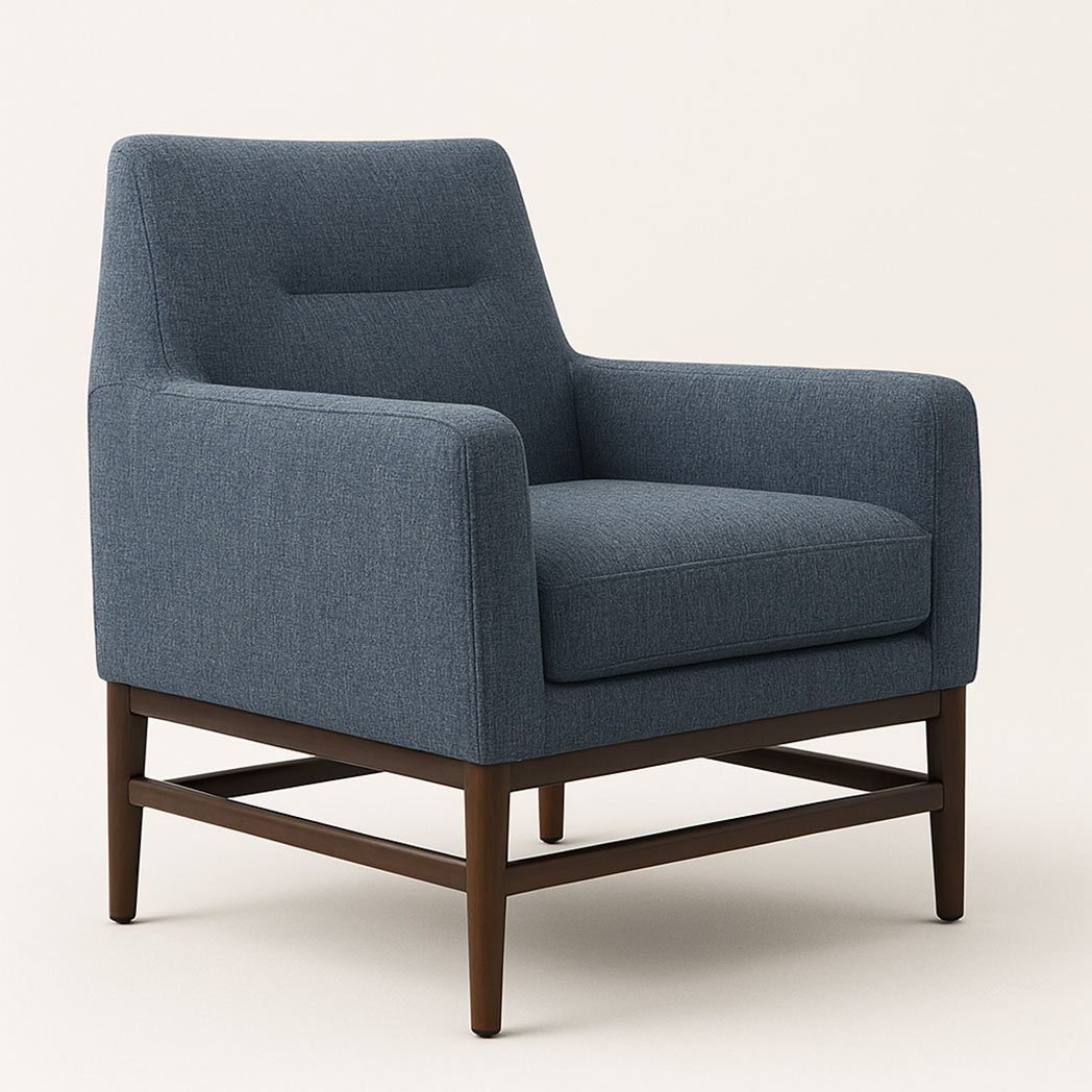 Front view of aluminum lounge chair with blue upholstery