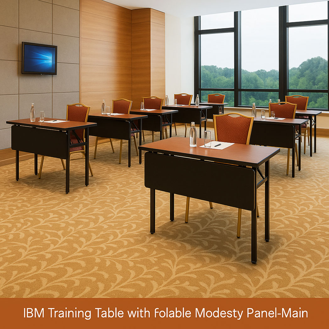 Rectangular IBM training table with foldable black modesty panel in a hotel banquet setting with red upholstered chairs
