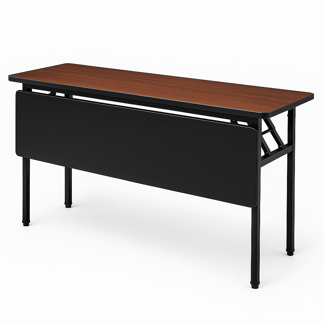 Main product view of IBM training table with black metal legs, wood laminate top, and folding modesty panel