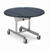 Mobile room service table with foldable black round drop-leaf top and rectangular stainless steel base on caster wheels for hotel and catering use