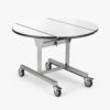Foldable white round room service table with drop-leaf top and stainless steel rectangular base on caster wheels for hotel dining and catering