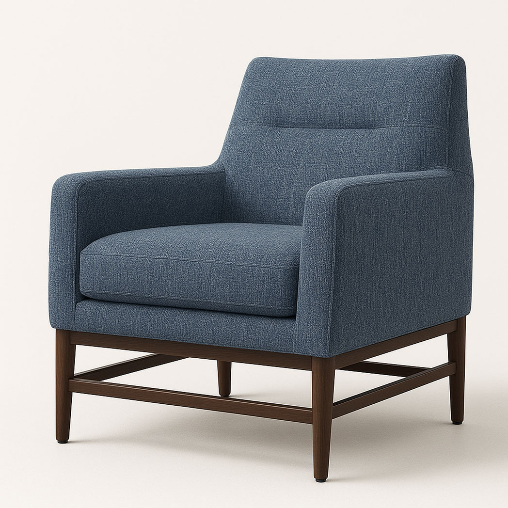 Blue upholstered hotel lounge chair with wood-grain aluminum frame
