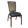 Flax back banquet chair with multicolor fabric backrest and dark blue upholstered seat