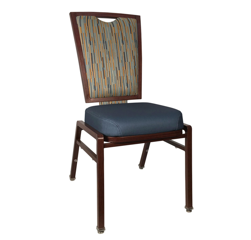 Flax back banquet chair with multicolor fabric backrest and dark blue upholstered seat