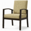 Beige upholstered aluminum armchair with curved arms and imitation wood grain frame