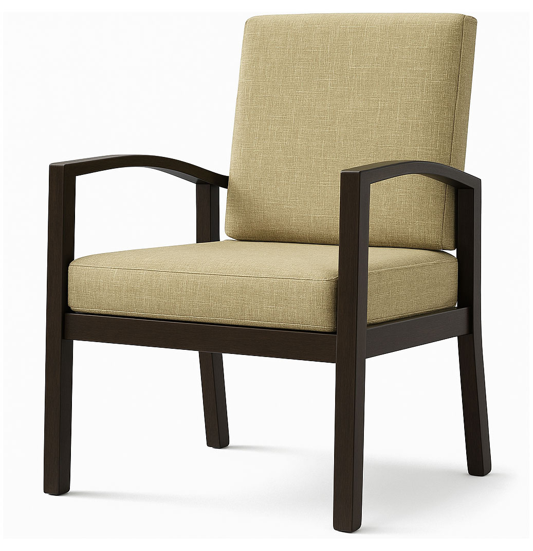 Beige upholstered aluminum armchair with curved arms and imitation wood grain frame