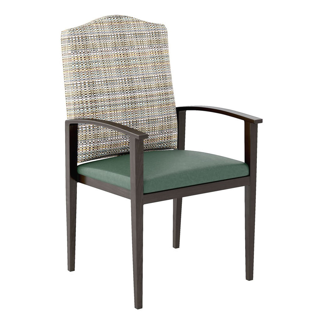 Aluminum hotel armchair with curved arms, patterned backrest, and green upholstered seat