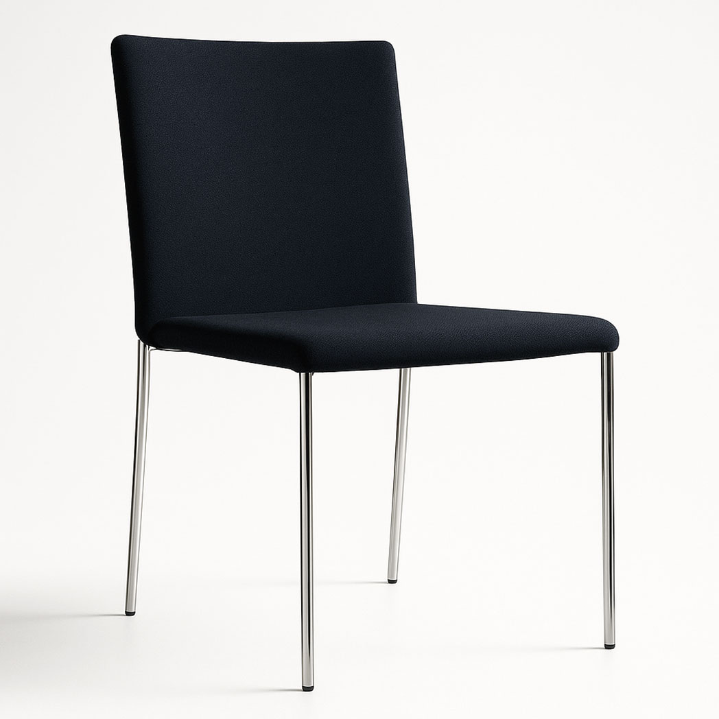 Armless black upholstered banquet chair with chrome-plated steel legs from the Vero Series