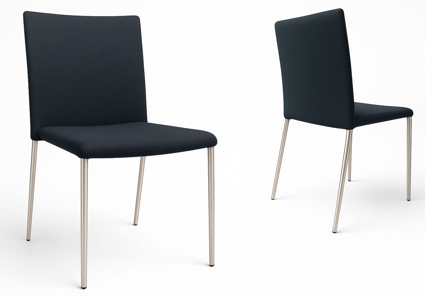 Front and rear view of armless steel banquet chair with navy upholstered seat and back from the Vero Series