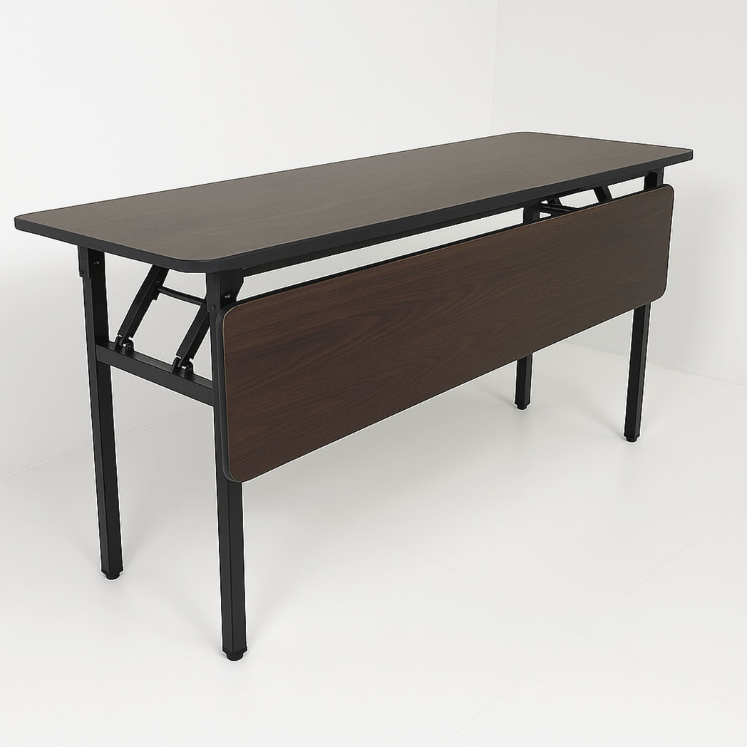 Dark woodgrain laminate IBM training table with black metal frame and foldable MDF modesty panel in a studio setting