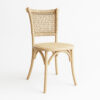 Stackable wooden dining chair with loop-back rope-woven backrest and natural rattan seat, on a clean white background