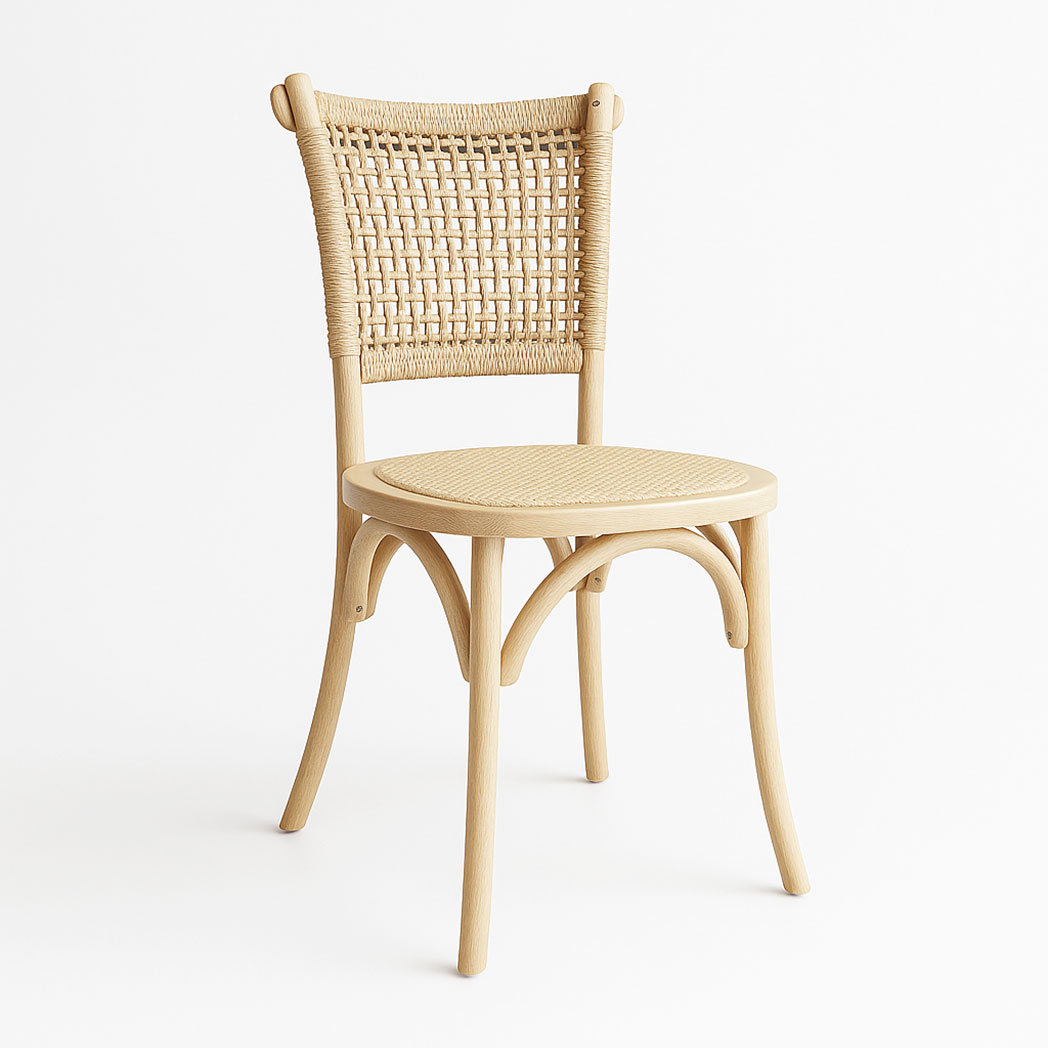 Stackable wooden dining chair with loop-back rope-woven backrest and natural rattan seat, on a clean white background