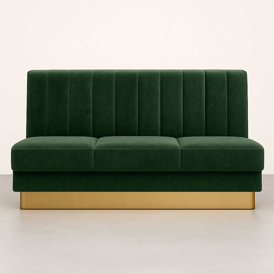 Three-seat green velvet booth with gold stainless steel base and tufted back