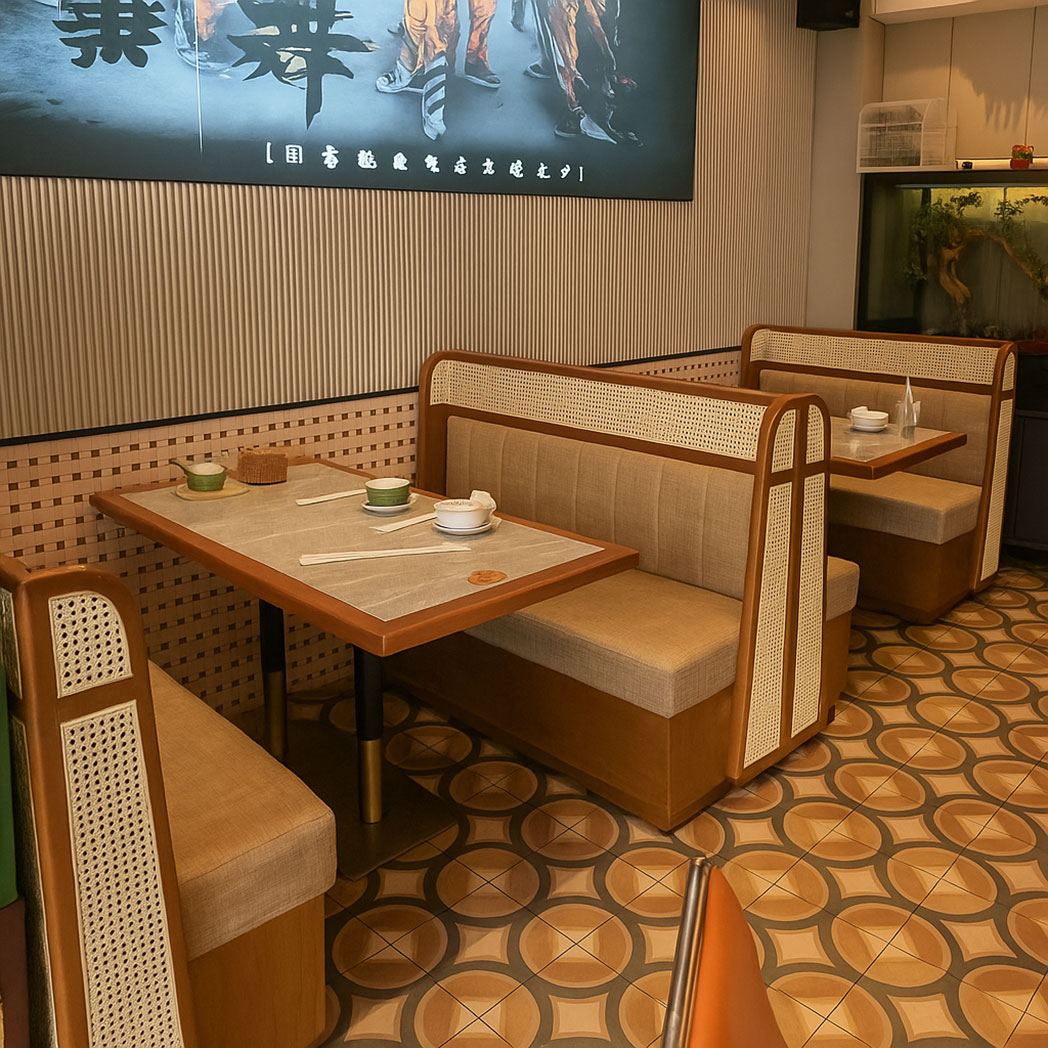 Restaurant booth with upholstered seat and vertical wall paneling