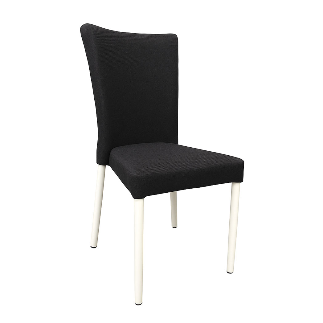 Modern upholstered chair in black with matte white legs, front angle
