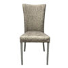 Front view of upholstered banquet chair in brown fabric with grey legs