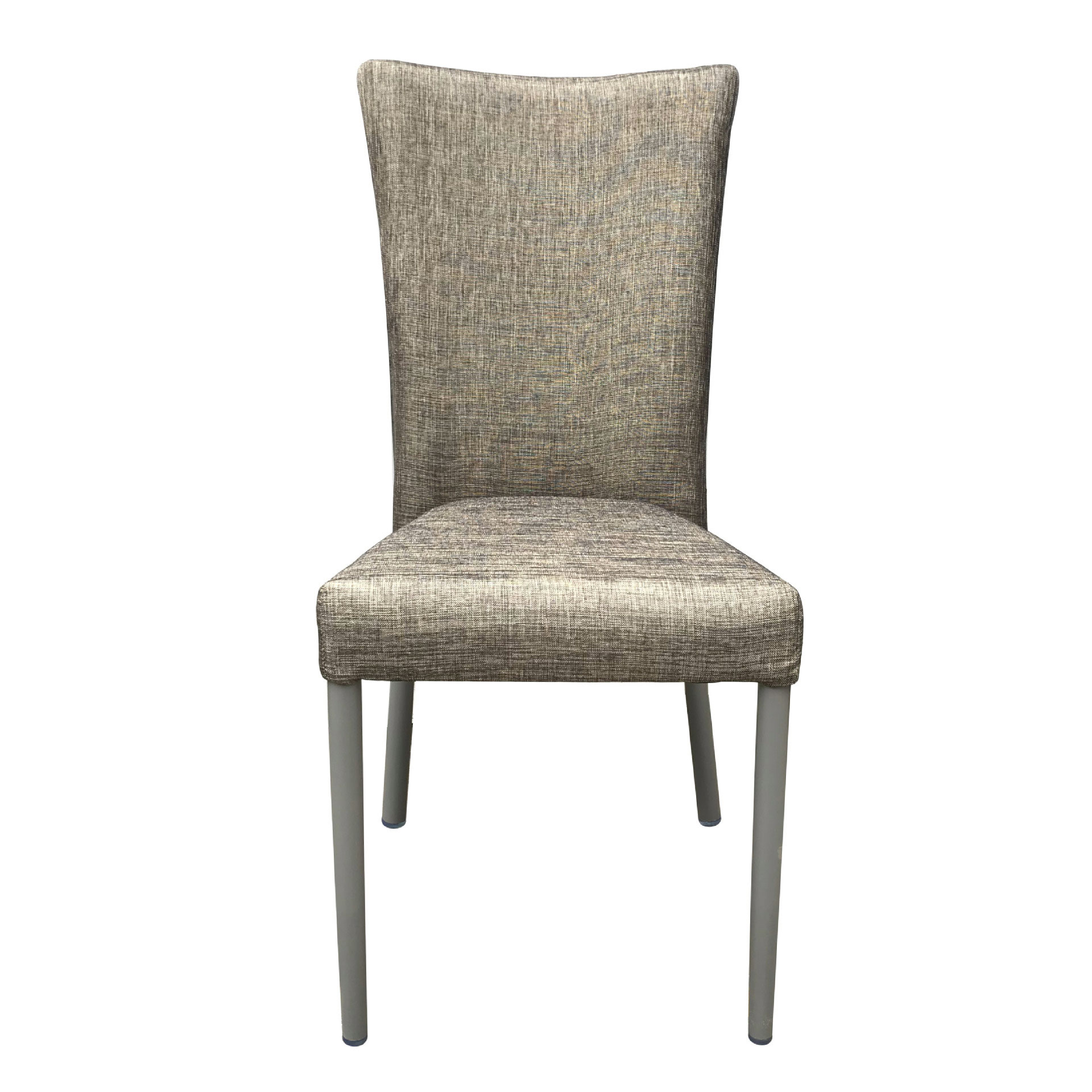 Front view of upholstered banquet chair in brown fabric with grey legs