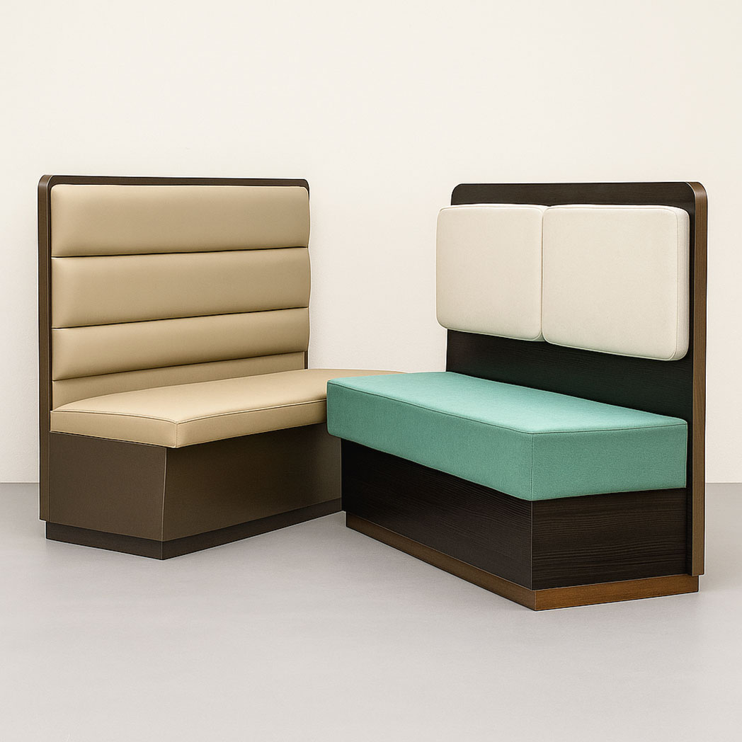 Modern restaurant booths in ivory PU leather and green fabric with wood frame base