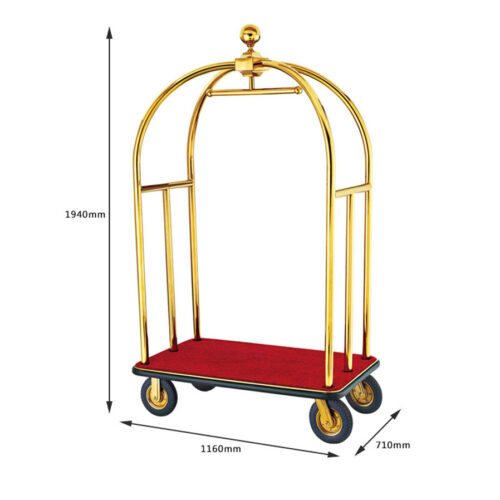 Gold Bellman Luggage Cart – Dome-Top Hotel Trolley with Red Carpet Base and Gold Stainless Steel Frame (1160×710×1940mm)