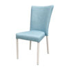 Upholstered banquet chair in light blue fabric with white legs, front angle