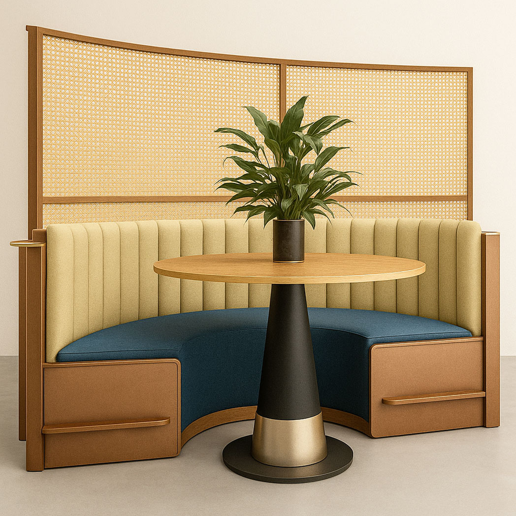 Teal restaurant booth with wooden table, flower vase, and ambient interior