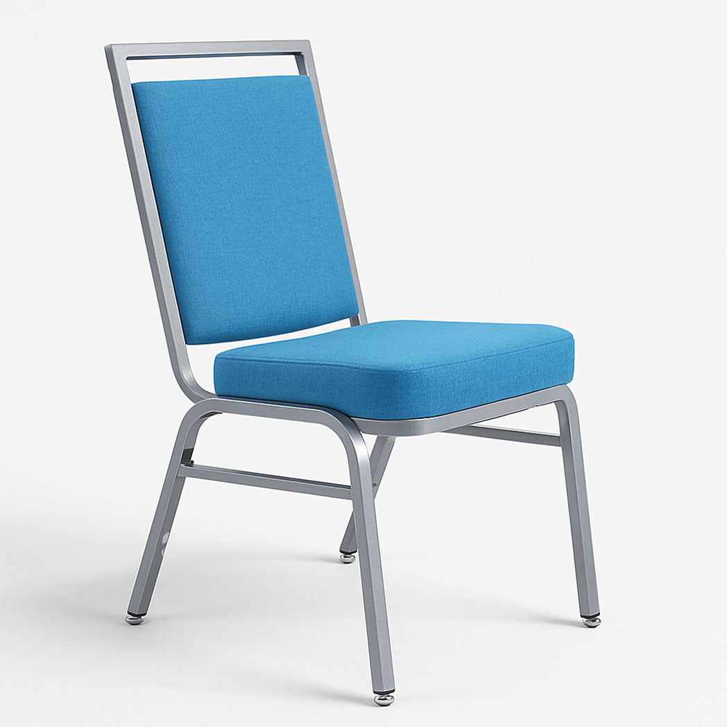 Elegant stackable banquet chair with silver steel frame, blue cushion, and metal glides – Valenza Series
