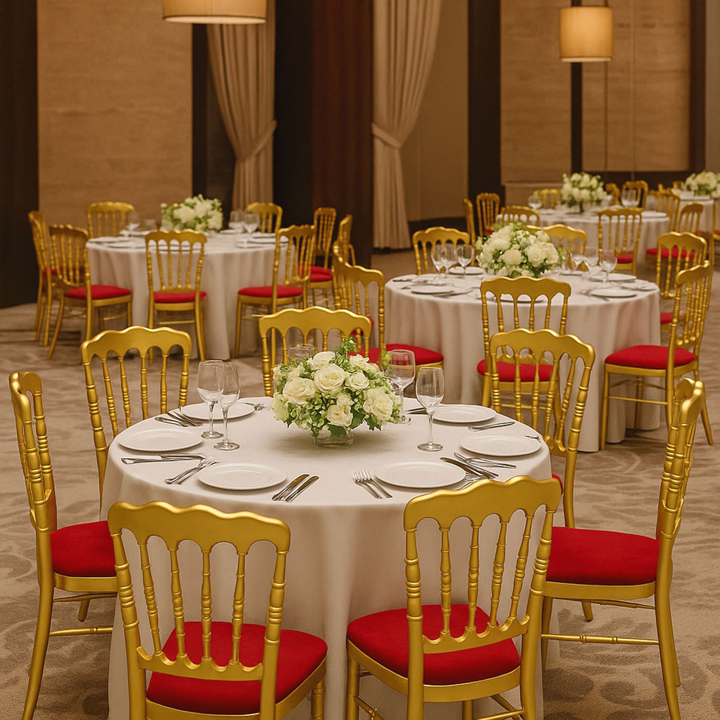 Banquet hall setup with gold Napoleon chairs and red cushions around white-covered round tables