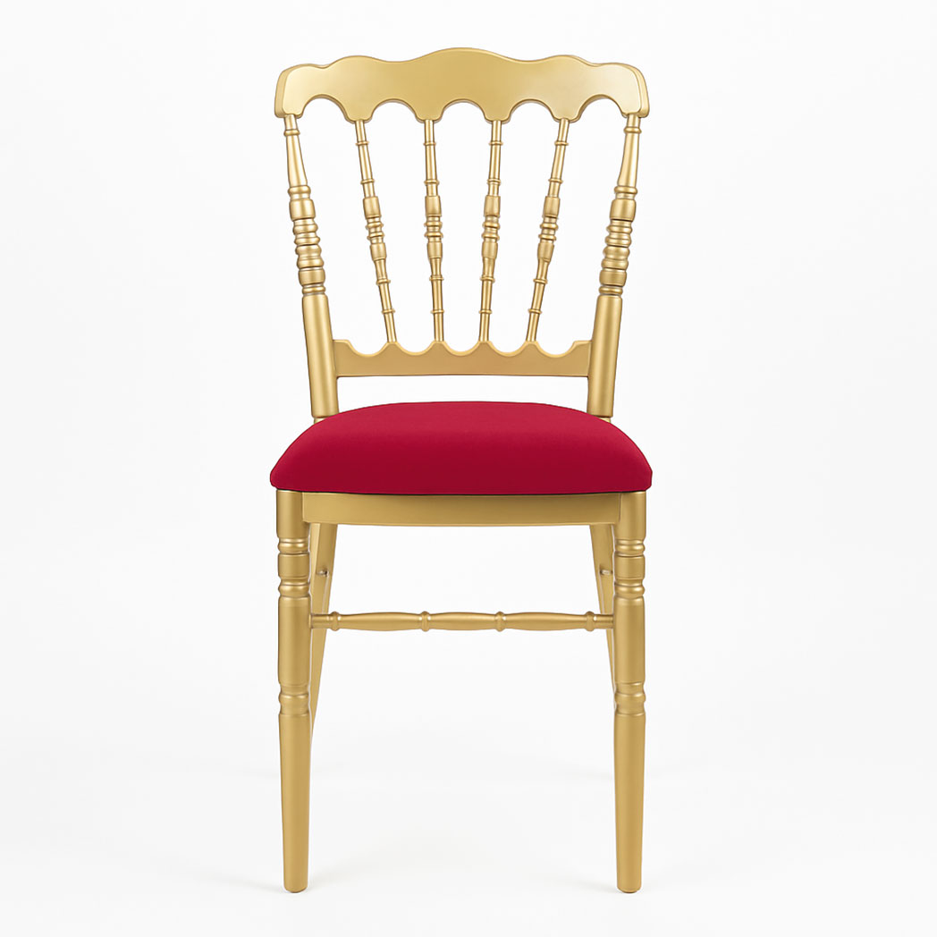 Front view of gold Napoleon banquet chair with red cushion for wedding and event seating