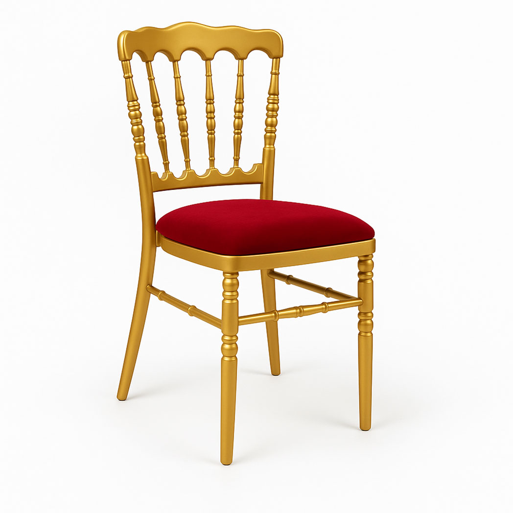 Side profile of gold metal banquet chair with red seat for hotel and wedding hall