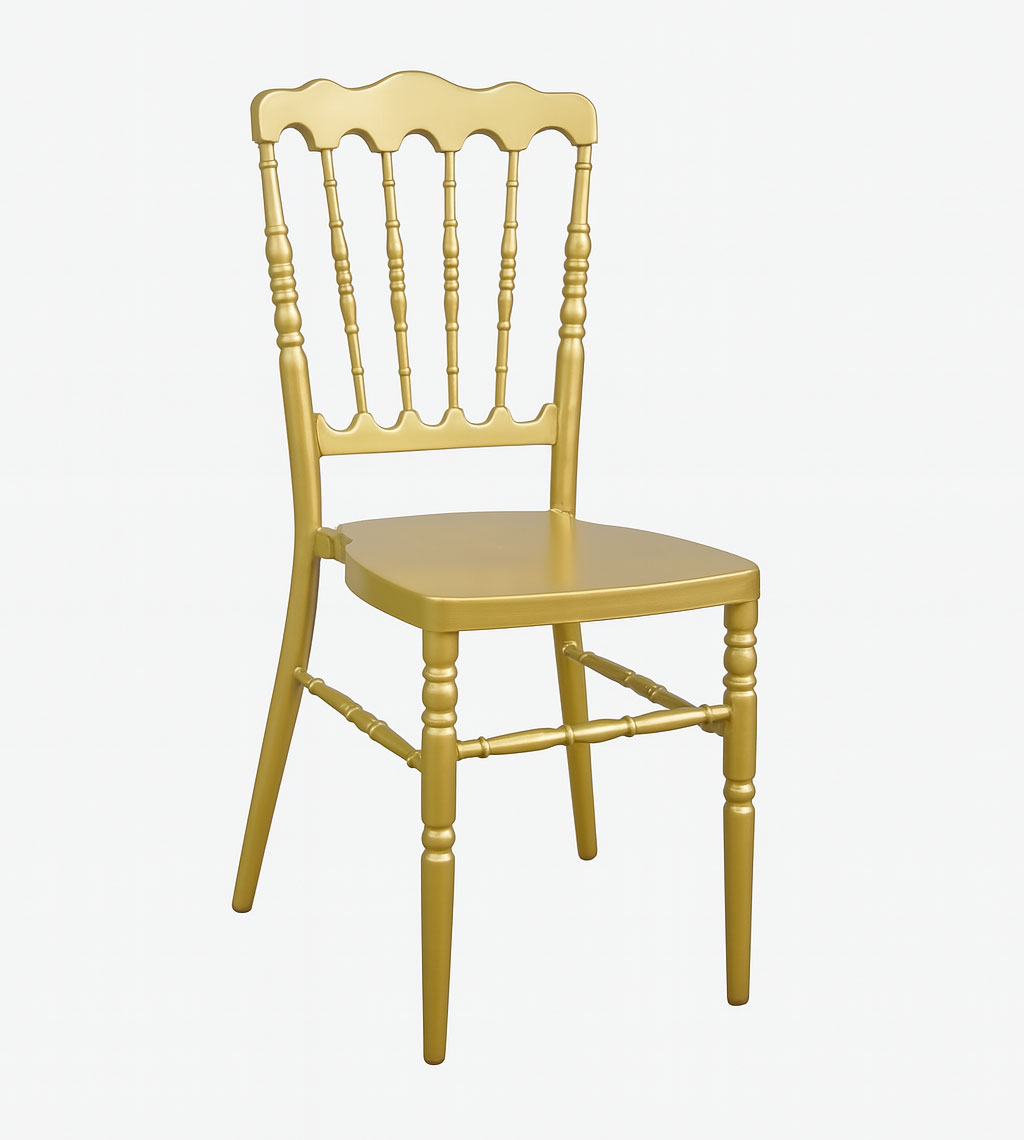 Gold Napoleon banquet chair with metal seat for wedding, hotel, and banquet hall use