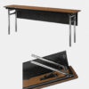 Folding conference table showing chrome leg mechanism and black perforated modesty panel