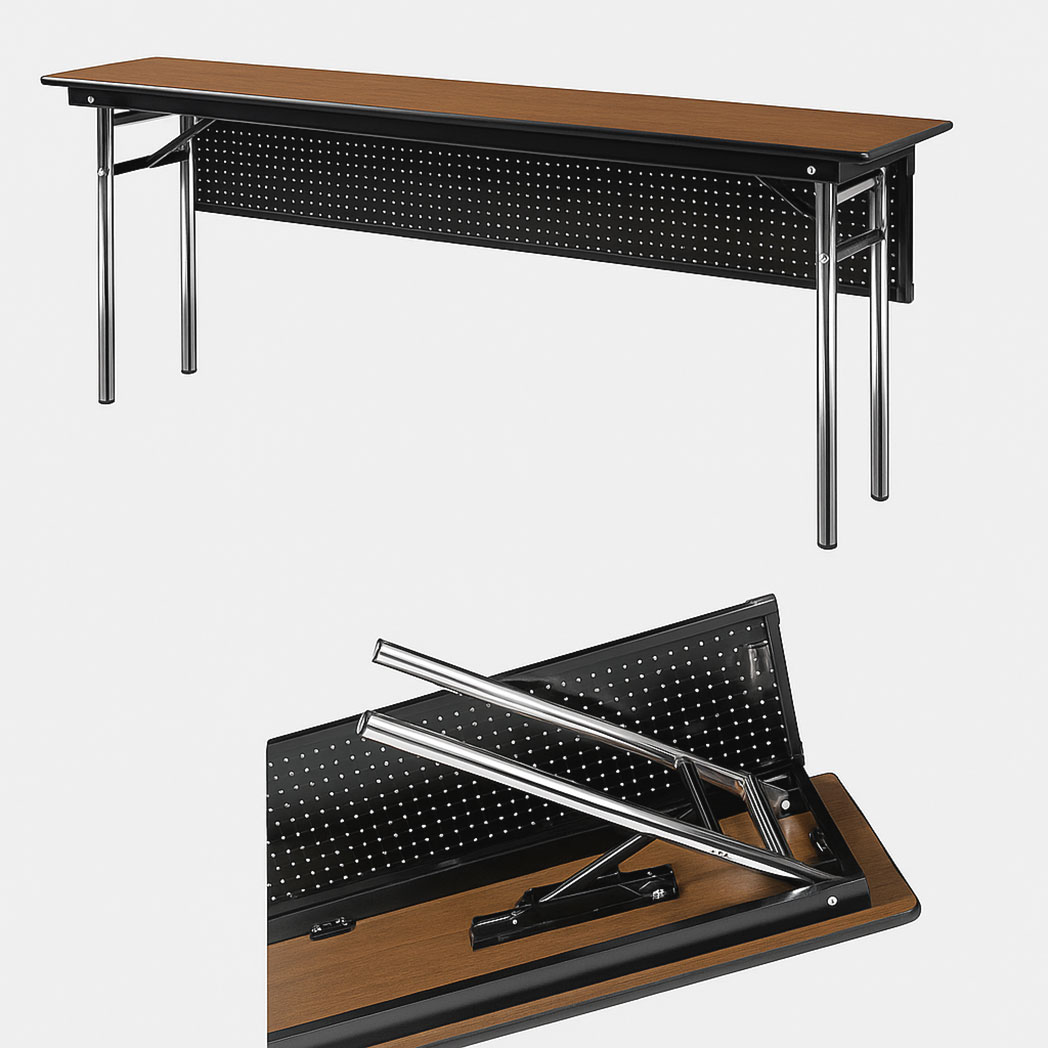 Folding conference table showing chrome leg mechanism and black perforated modesty panel